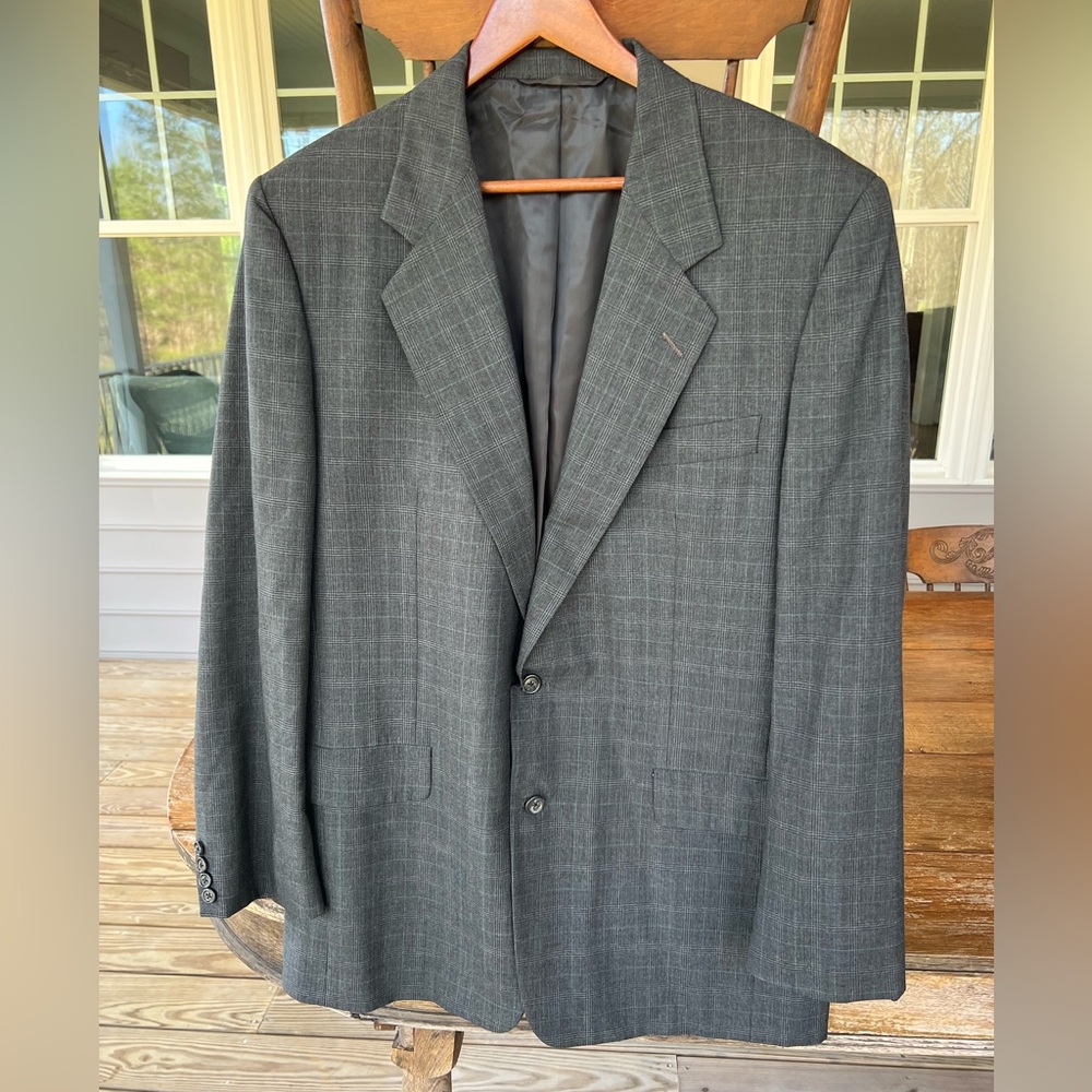 Vintage Neiman Marcus Hickey Freeman Boardroom Gray Plaid 100% Wool Blazer 43